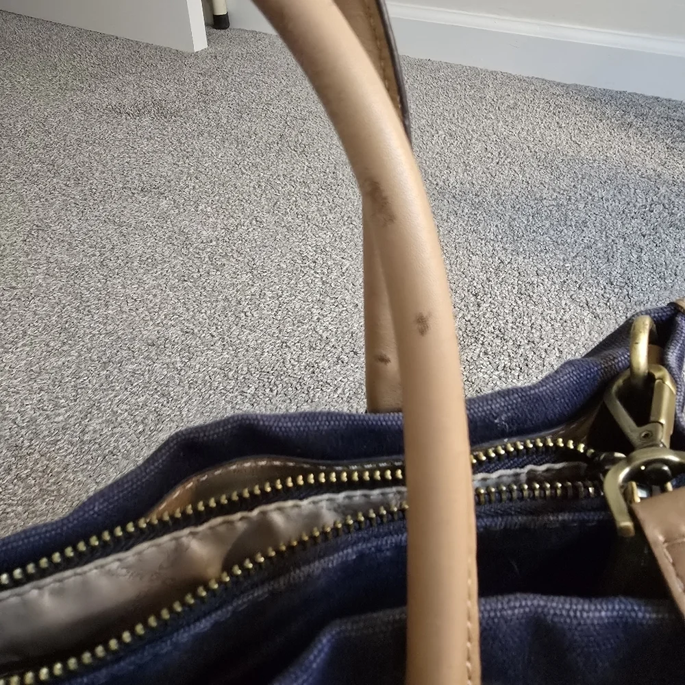 Michael Kors Mercer Large Canvas Leather Concertible Tote Navy Cream Tan